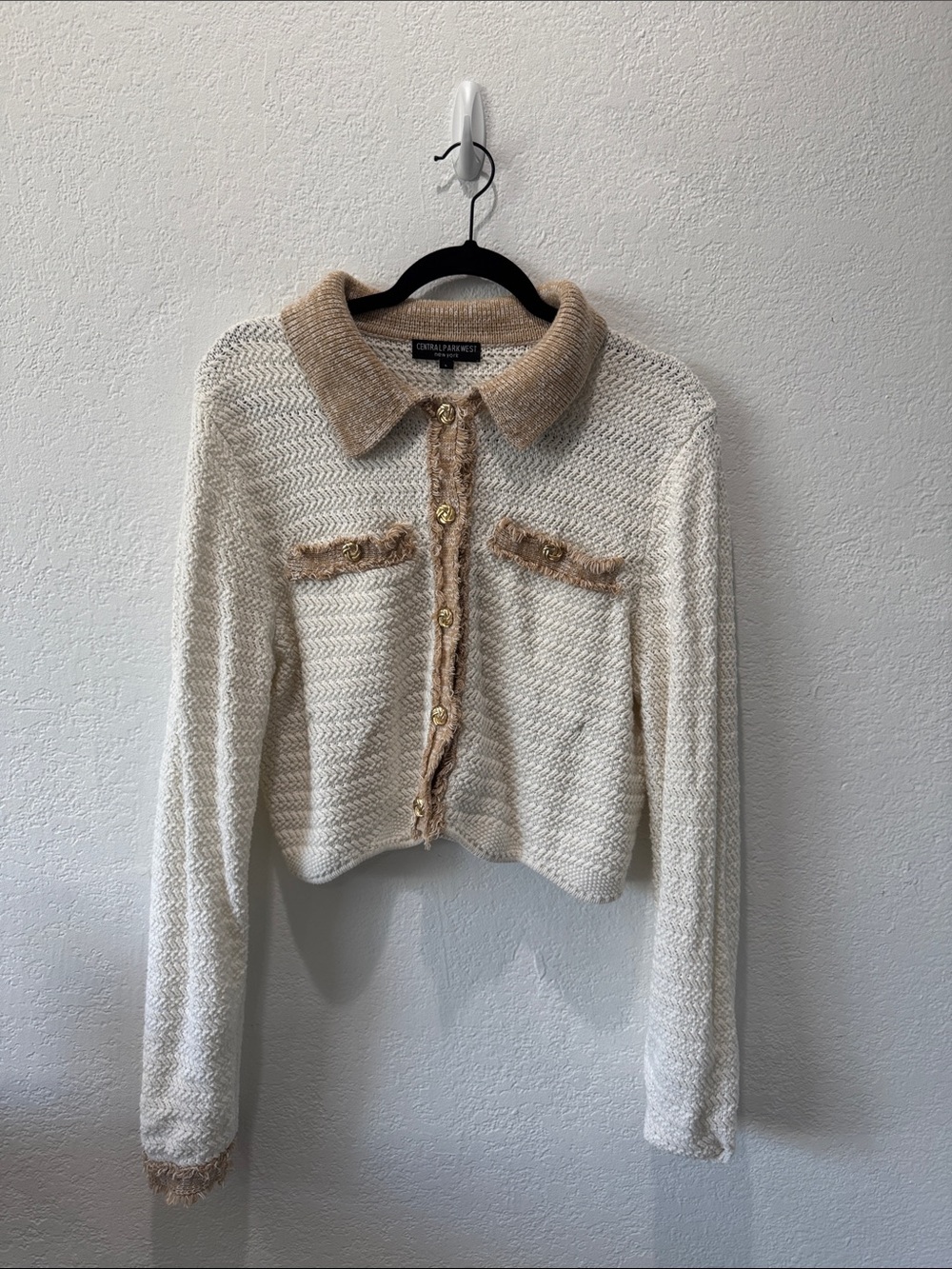 Central Park West Cream & Tan Collar Knit Cardigan